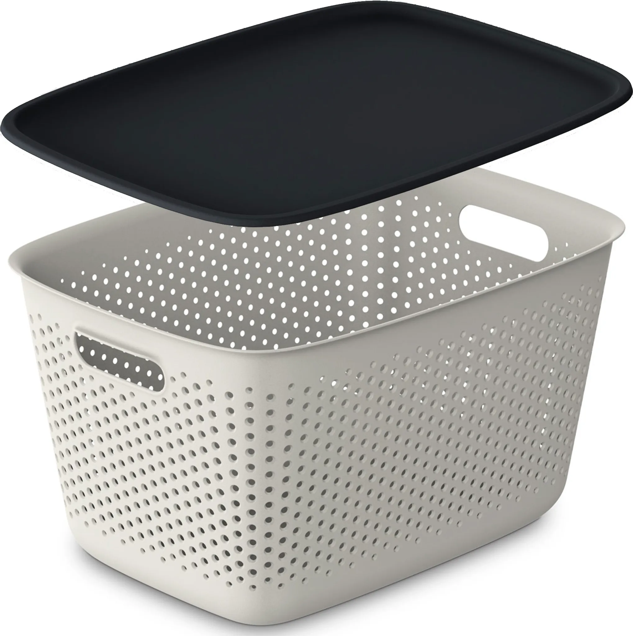 Aufbewahrungsbox mit Deckel – durchbrochener Kunststoffbehälter – 17 L – Beige – 39 × 29 × 22 cm