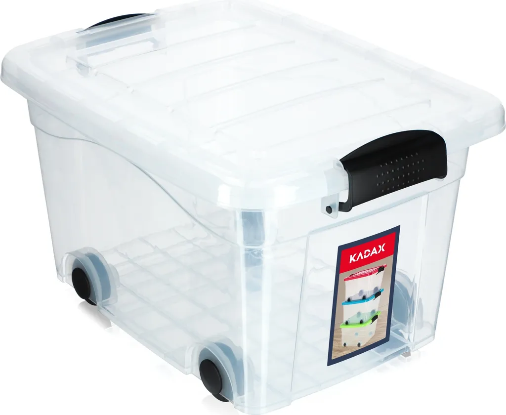 KADAX Kunststoff-Aufbewahrungsbox mit Rollen & Deckel – 20 Liter – Transparent